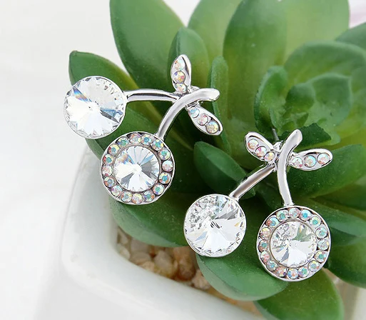 Женские корейские японские серьги Вишенки с кристаллами Swarovski милые растениями