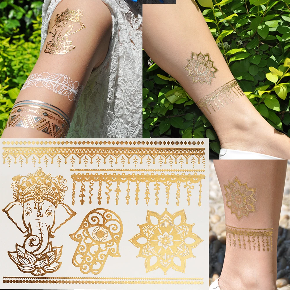 1PC Hot Flash Metallic Waterproof Temporary Tattoo Gold Silver Men Women Henna GH 19 Elephant Eye Tatuagem Design Tattoo lead|chain cheap - AliExpress