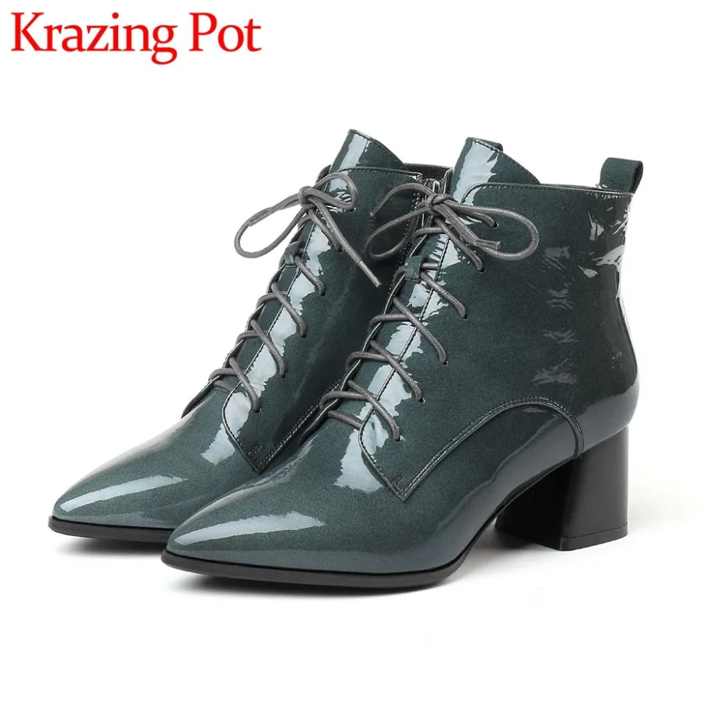 

Hot sale oxford pointed toe winter warmful ankle boots med square heels real cow leather solid bowtie zip plus size shoes L2f1