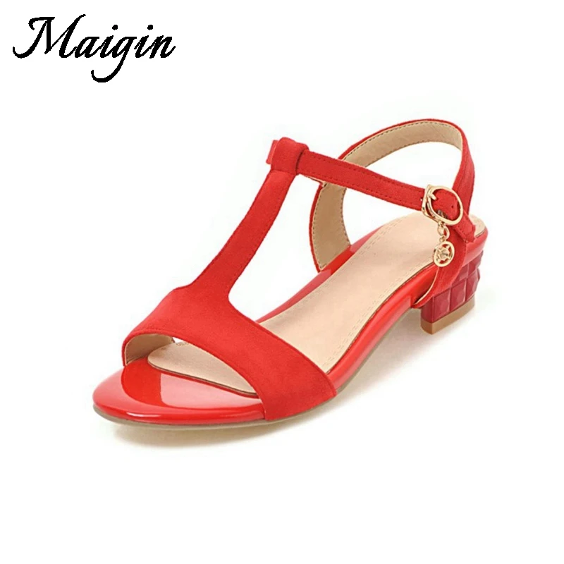 Maigin Red Women Sandals 2018 New Thick Heel Ladies Sandals Open Toe Women Footwear T-tied Buckle Strap Summer Shoes