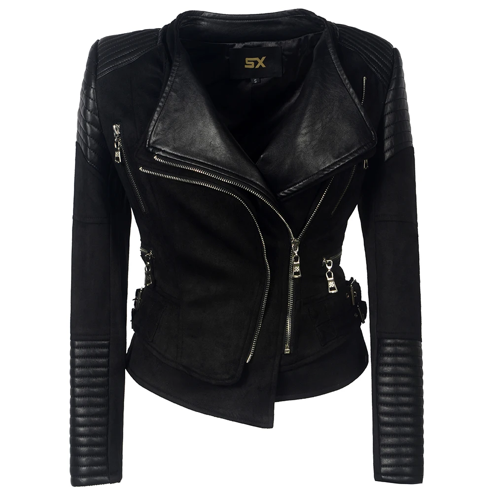 SX искусственная кожа pu Женская куртка на молнии Женская замшевая мотоциклетная куртка панк верхняя одежда для байкеров уличный стиль длинный рукав байкерская куртка