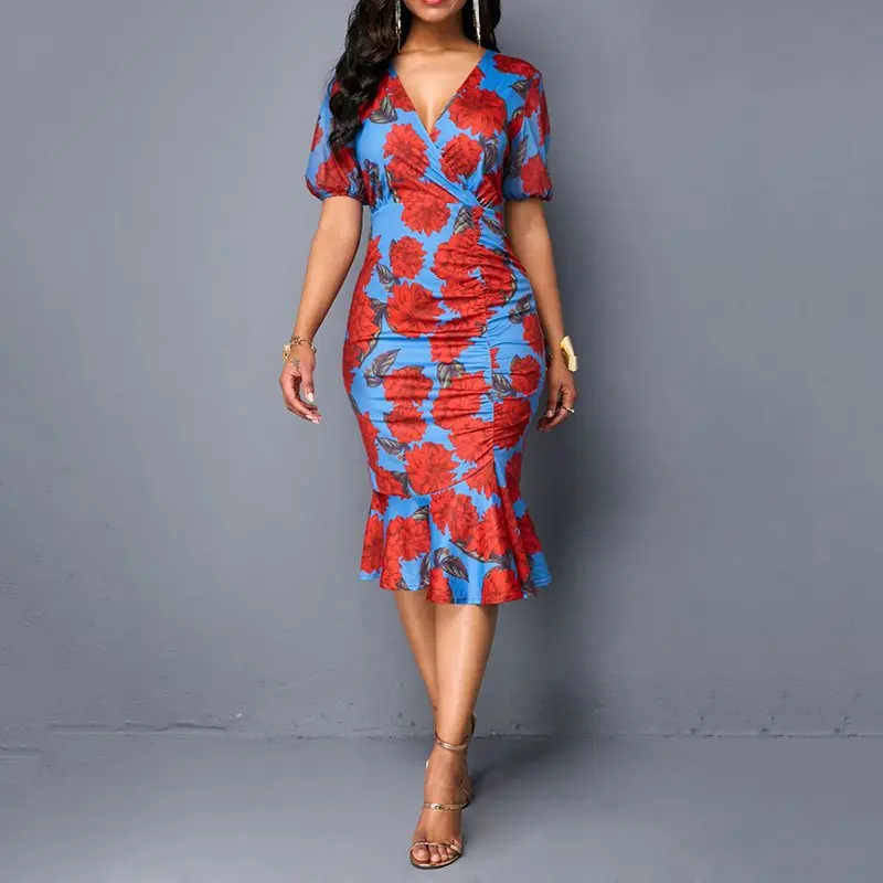 

Summer Elegant Sexy 2019 Vintage African Plus Size Women Midi Dresses Sweet Mermaid Floral Pleated Party Retro Female Chic Dress