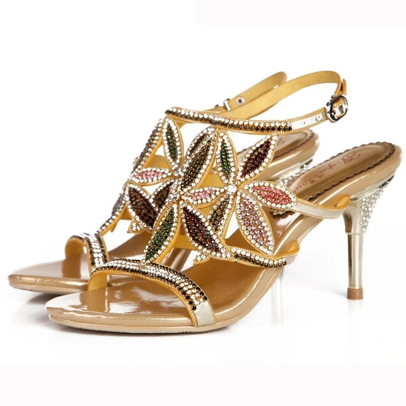 

2018 New Rhinestone Summer Sandals Stiletto Heel Beautiful Women Dress Shoes Anniversary Party Prom Heels Gold Color 8cm Heel