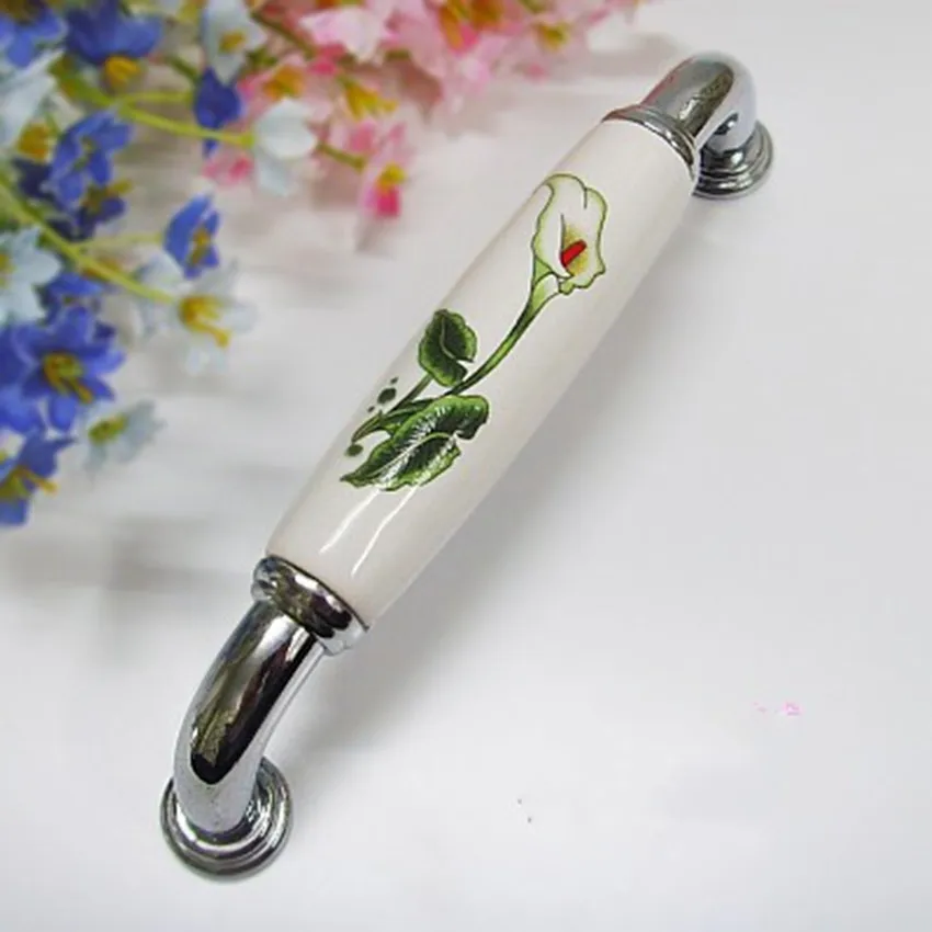 128mm rural ceramic furniture handles white green ceramic dresser door