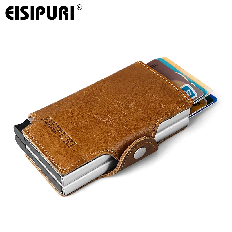 

EISIPURI Free shipping Genuine Leather Card Holder Aluminium Credit Card Case Man Card Wallets mini Business Men Card Box Brown