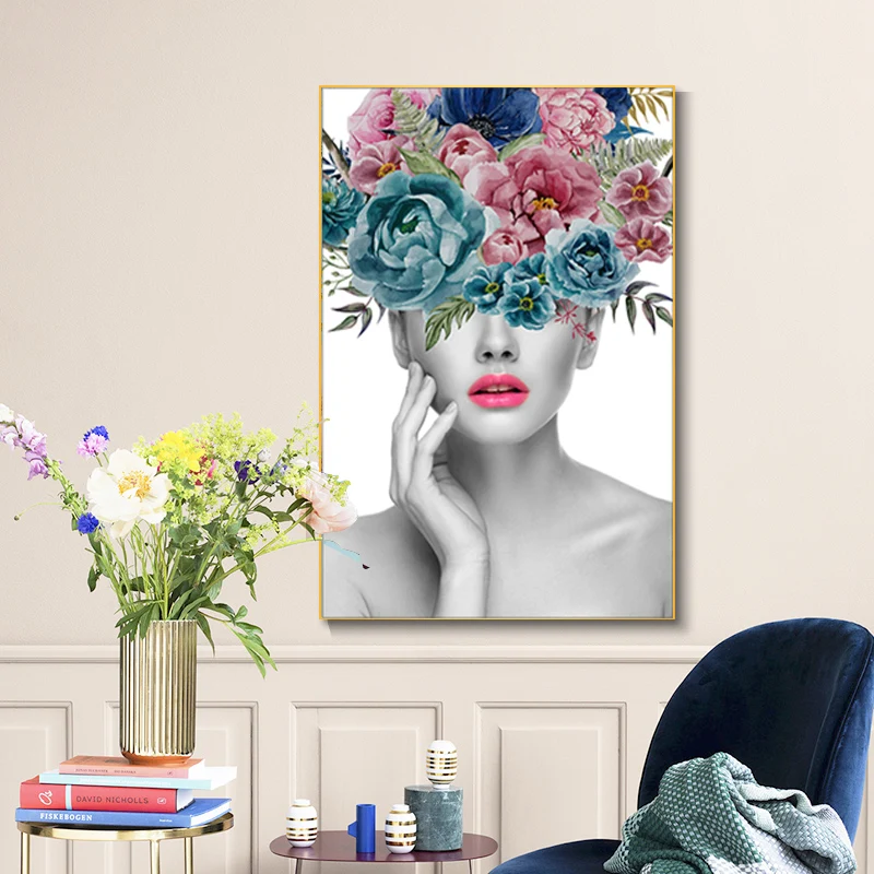 Мода красивая женщина портрет и картины на холсте с цветами стены холст художественные картины плакат печать для гостиной домашний декор