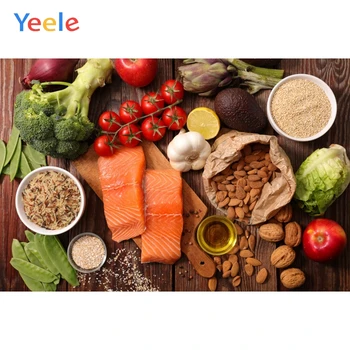 

Yeele Wooden Board Vegetables Salmon Tomato Dried Fruit Kitchen Photography Backgrounds Photographic Backdrops for Photo Studio
