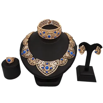 

Sexemara Luxury Crown flower Jewelry Sets Wedding bule Cubic Zirconia Statement Necklace Earrings Sets for Women Bangl