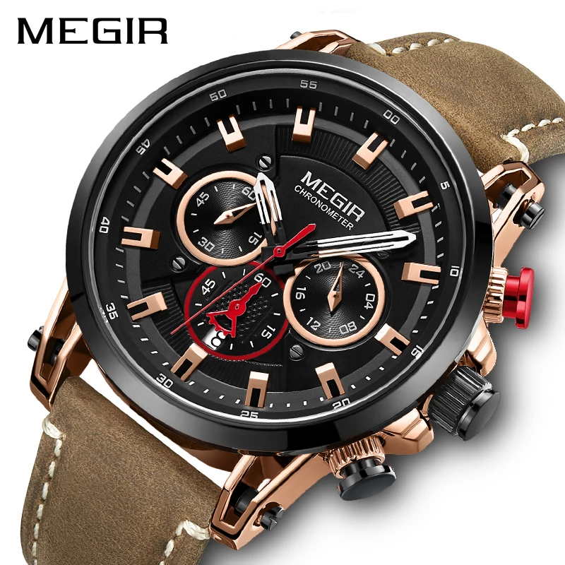 

MEGIR New Men Fashion Sports Quartz Watch Brand Luxury Leather Men Clock Waterproof Army Military Wristwatch Relogio Masculino