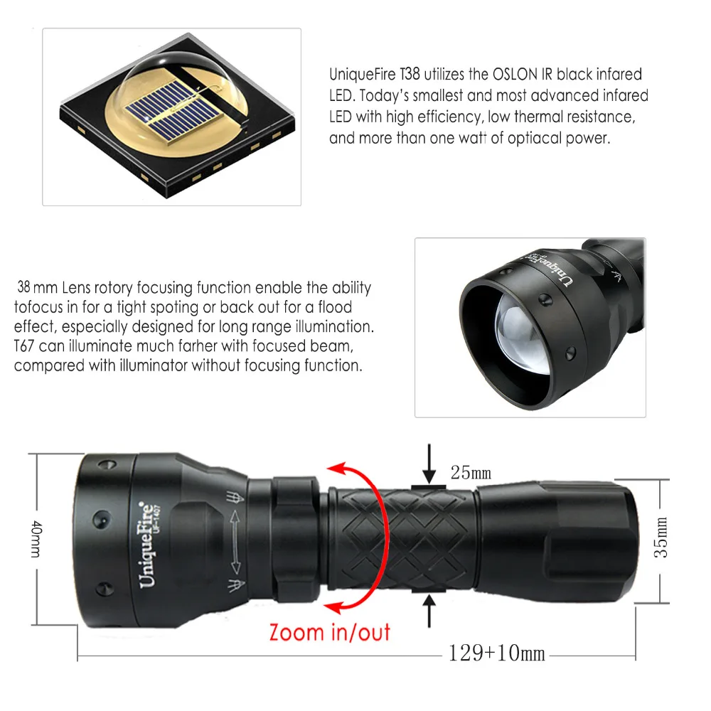 UniqueFire 1407 IR 940nm светодиодный фонарь инфракрасный светильник 38 мм выпуклая линза