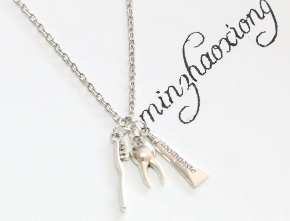 

New Fashion Vintage Jewelry Silver Toothpaste Toothbrush Tooth Dentist Teeth Pendant Necklace For Women Girls Gift