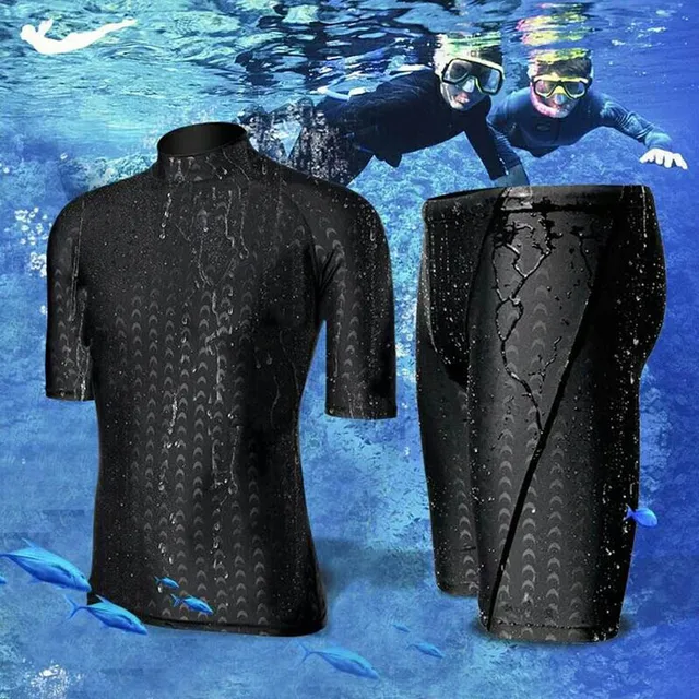 Men Short Sleeve Swim Shirt Swimming Shorts Wetsuit Set Rashguard