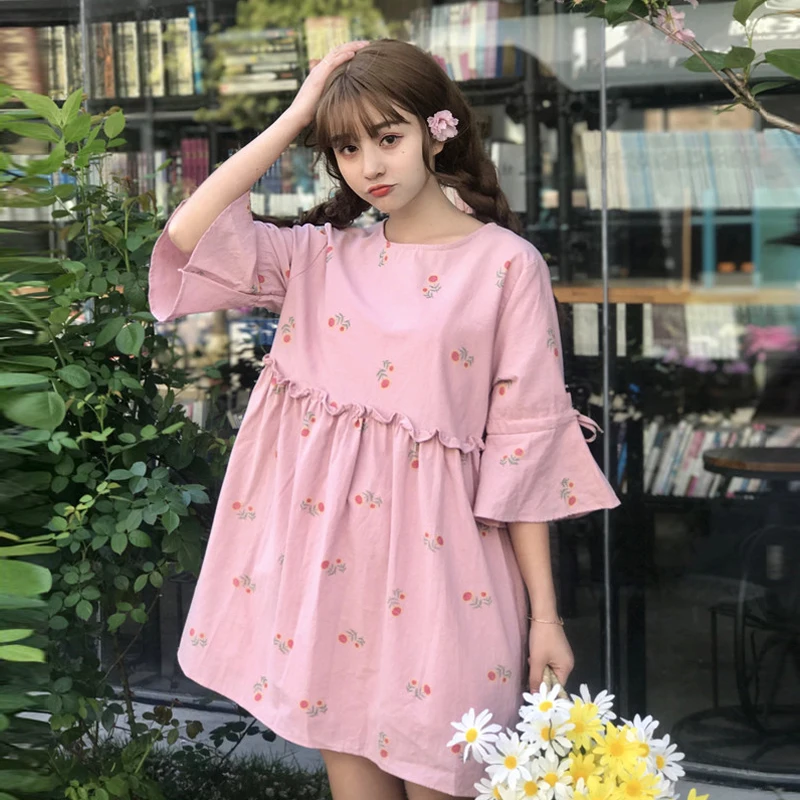 

Summer Sweet Kawaii Dresses Women Preppy Style Sunflower Pring Half Flare Sleeve Ruffles Patchwork Dress Student Cute Chic Dress