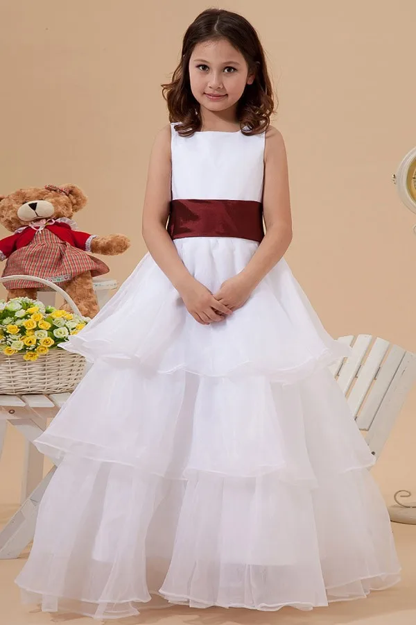 Vestidos де Comunion очаровательный совок белый органзы многоуровневого пола бальное платье детские платье для свадьбы рукавов пояса