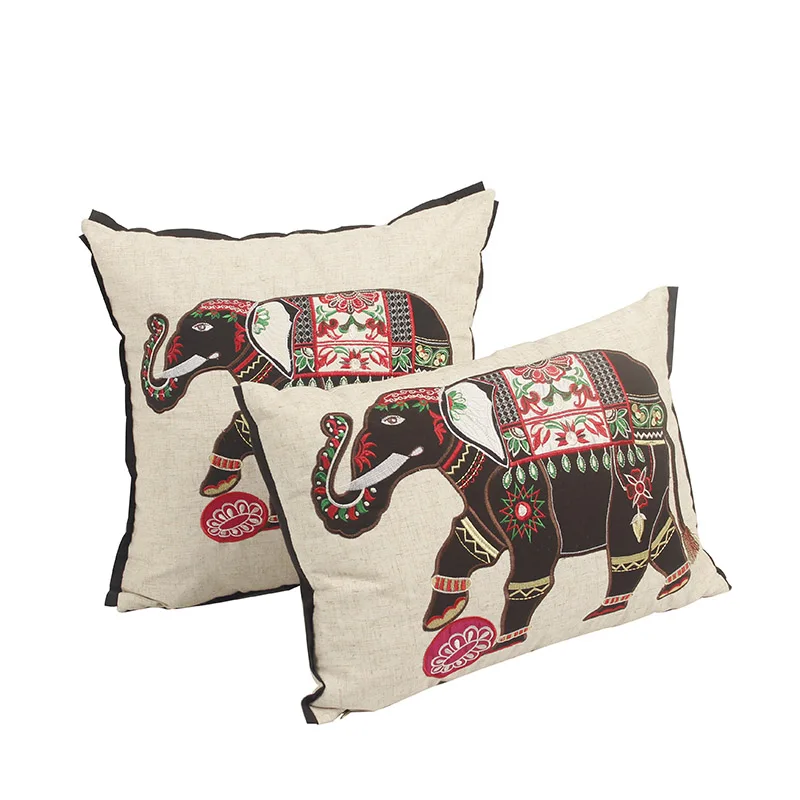 Elephant Embroidered Throw Cushion Cover Sofa Cotton Linen Pillowcase African Ethnic Pillow