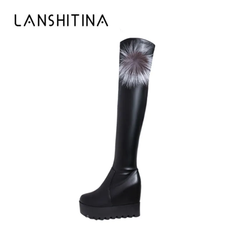 

New Women Winter Boots Height Increased Over Knee Boots Leather High Heels Boots Shoes Woman Wedge Winter Warm Fur Boots Black