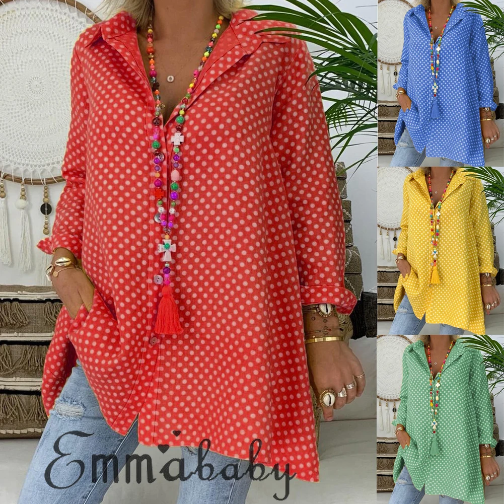 Plus Size S-3XL Women Dot V-neck Long Sleeve Blouses Ladies Shirts Summer Casual Tops Loose Long Blouse Streetwear Woman Clothes Plus Size S-3XL Women Dot V-neck Long Sleeve Blouses Ladies Shirts Summer Casual Tops Loose Long Blouse Streetwear Woman Clothes