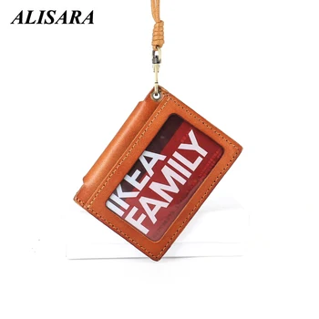 

Alisara Genuine Leather Vertical ID Holder Cowhide Retractable Lanyard ID Badge Case Business Student Bus Name Tag Card Holders