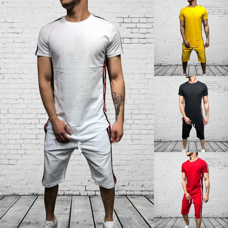 

MJARTORIA Men's Causal Side Stripe Sports Set 2 Pieces New O-neck Short Sleeves T-shirt+Shorts Hip Hop Loose Slim Fit Streetwear
