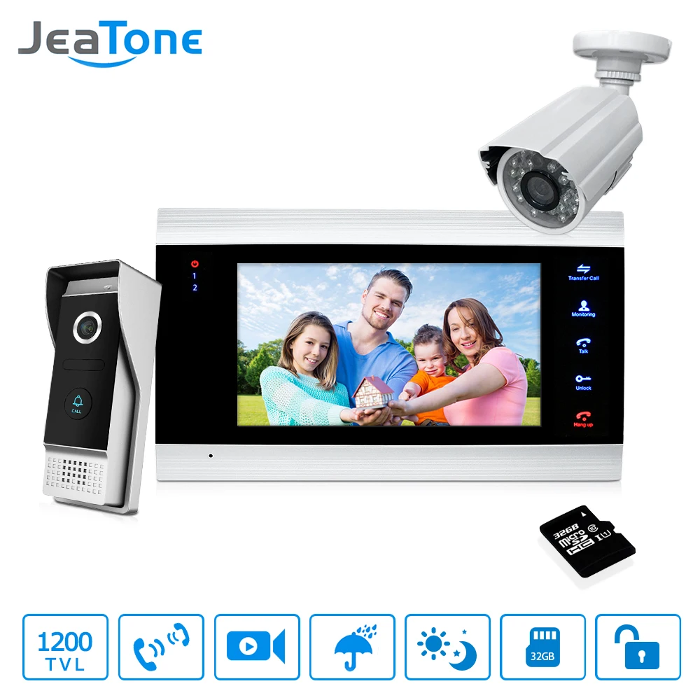 7'' Video Door Phone Doorbell Intercom Access Control Intercom System Motion Detection +Extra 1200TVL Outdoor Camera + 32G Card