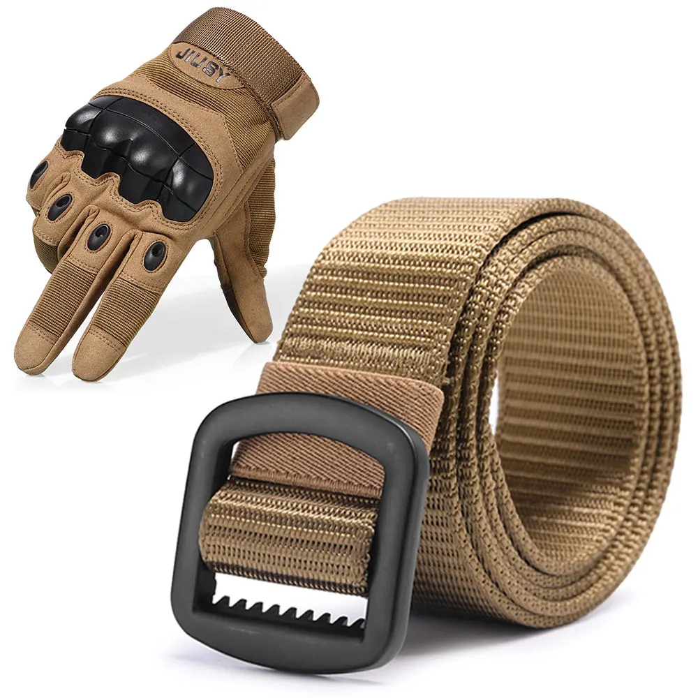 A6-Brown-Belt-Brown Военные тактические мужские перчатки с ремнем, набор толстых Нейлоновых Лент, металлическая пряжка, армейский Пейнтбольный боевой пояс, полный палец, перчатки, ремни - Цвет: A6-Brown-Belt-Brown