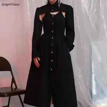 

Dark Spaghetti Straps Dress+Crop Jacket 2 PCS Set Women 2018 new Autumn Dress off Shoulder + tops suit Cotton Europe LT628S50