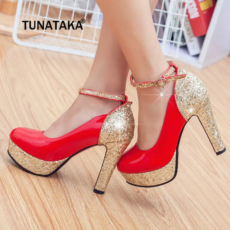 

Women Platform Chunky High Heel Pumps Fashion Buckle Round Toe Party Wedding Shoes White Black Red