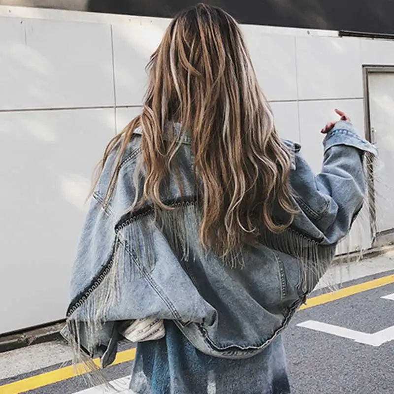

Women Fashion Punk Heavy Meatal Denim Jacket Tassel Light Blue Jeans Jacket Fringe Street Wear Loose Poncho Sleeve Outwear Girl