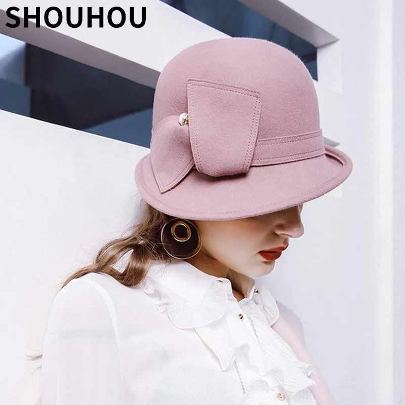 

SHOUHOU 2018 Women Winter Warm Wool Hats New Arrival Female Solid Fedoras Hats Girls Christmas Gift Buckets Party Show Hats Caps