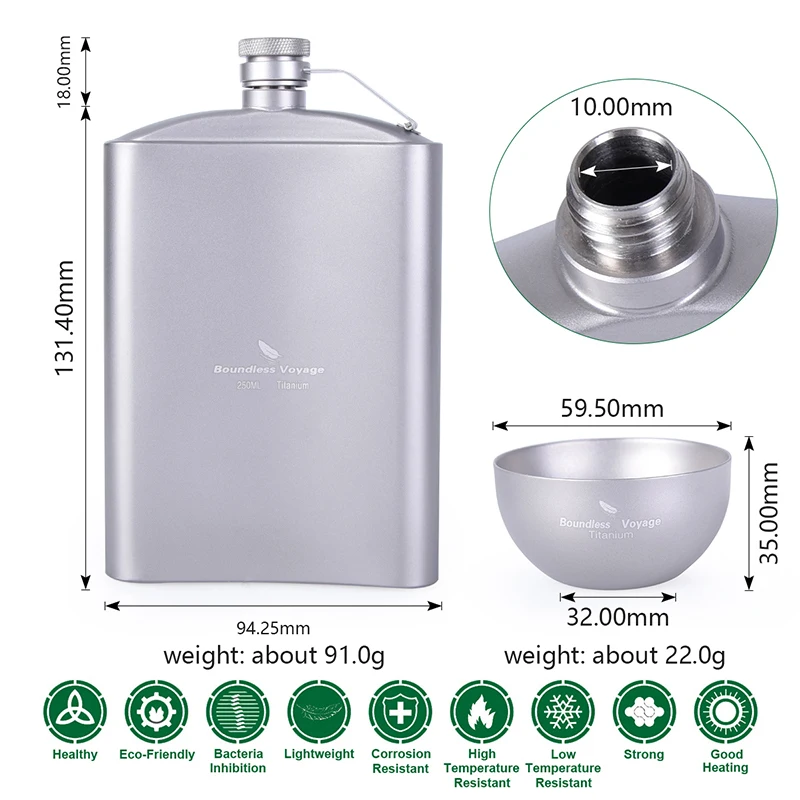 Sin límites viaje cadera de titanio frasco de vidrio con embudo Camping Picnic bolsillo whisky vino taza de té taza de amor 8,5 oz/250 ml