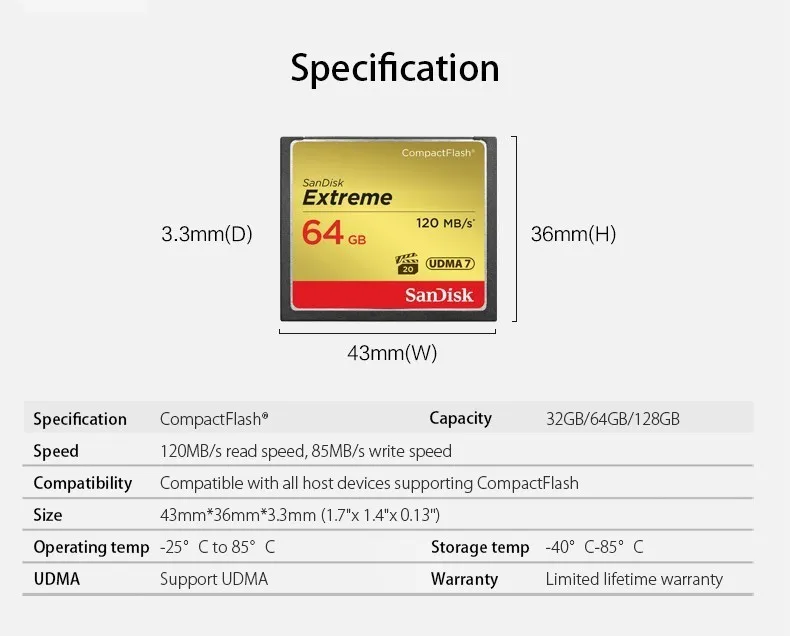 Двойной Флеш-накопитель SanDisk Memory Card Extreme CompactFlash 16 ГБ 32 ГБ 64 ГБ 128 ГБ карта CF 800X VPG-20 120 МБ/с. для богатых 4K и Full HD видео SDCFXS
