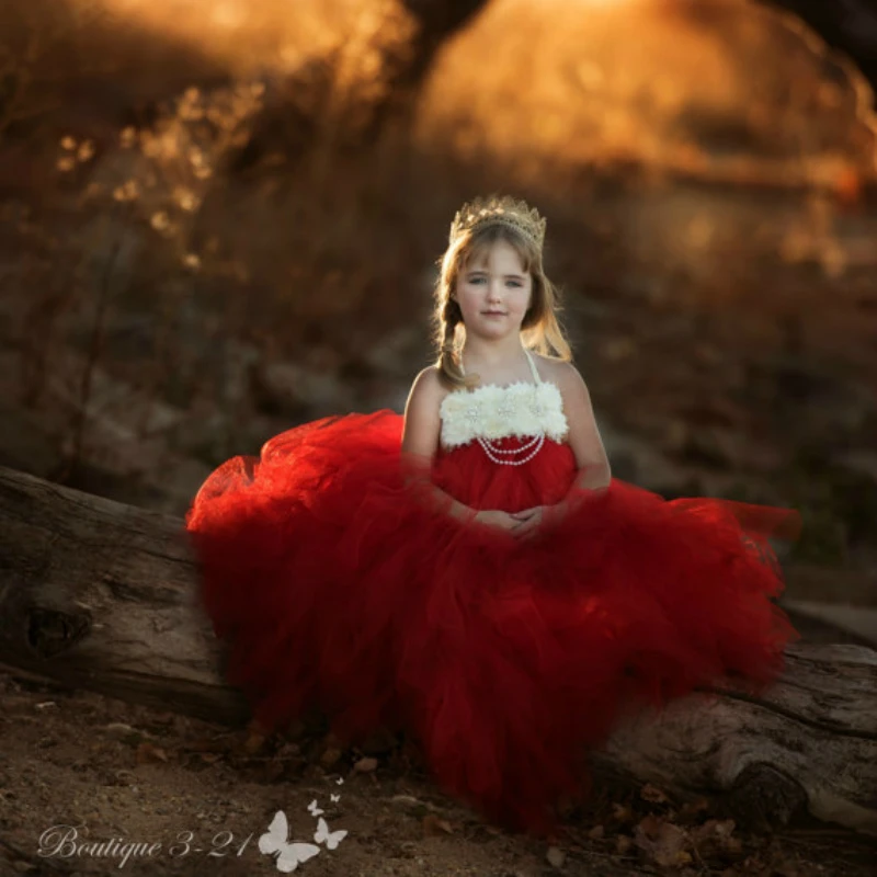 

Red Flower Girl Dress Pearls Ivory Flower Tutu Dress for Baby Girl Handmade Red Girl Wedding Flower Dresses Baby Girl Clothes