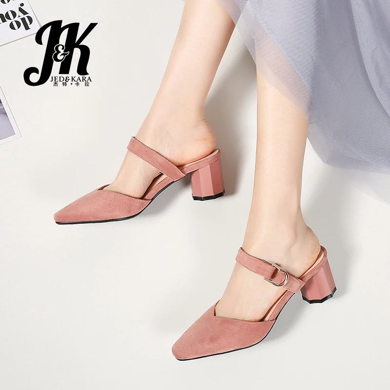

JK 2019 New Summer Thick Med Heels Women Slippers Metal Decoration Slides Flock Footwear Fashion Casual Ladies Mules Shoes