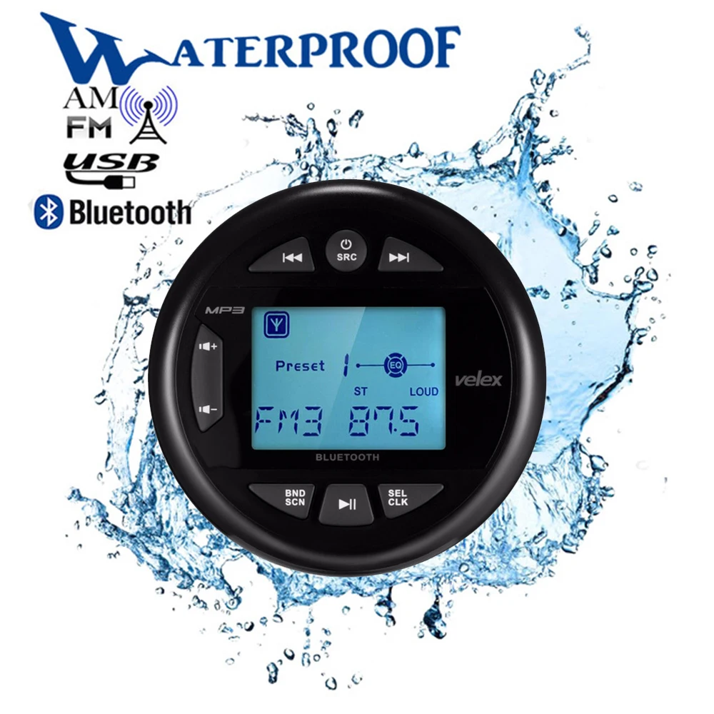 Waterproof Bluetooth Marine Stereo Digital Media Audio Receiver with