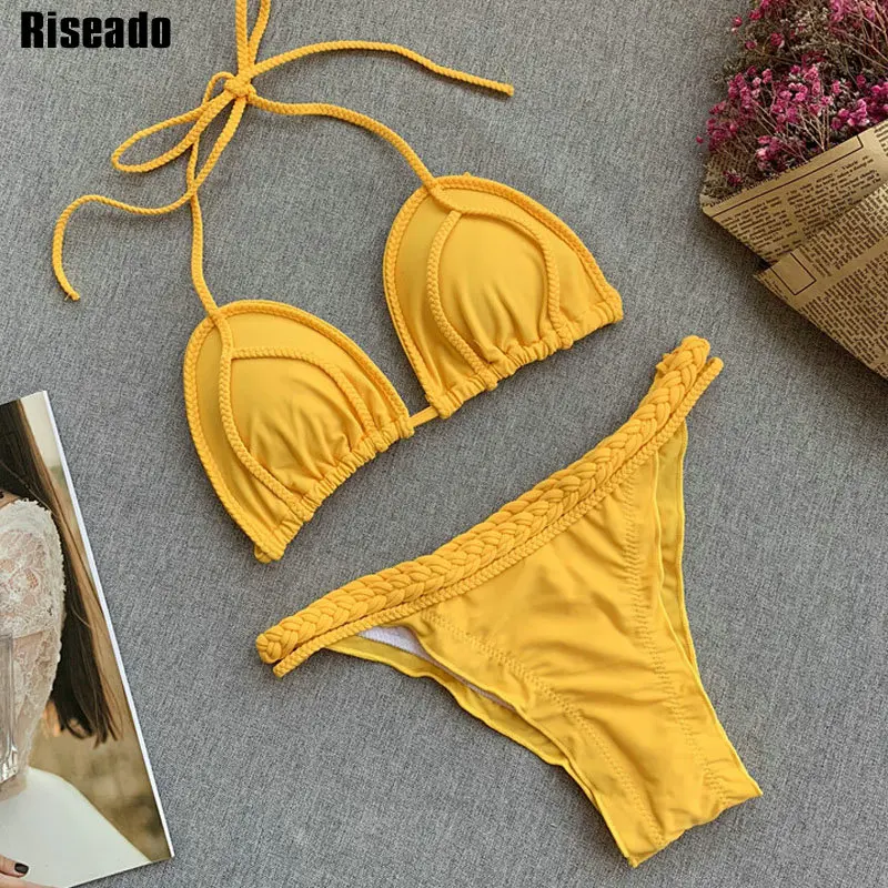 

Riseado Ruched Bikini Set Braid Swimwear Women Patchwork Swimsuit Micro Bathing Suit Women Halter Orange Brazilian Bikinis