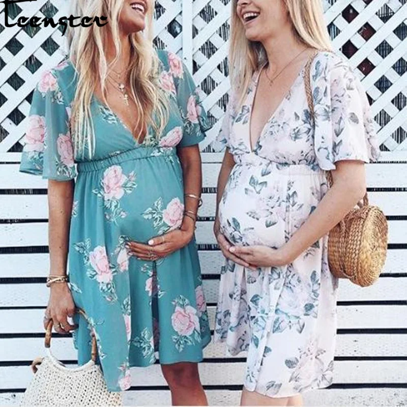 

Teenster Pregnant Dresses for Women Summer V Collar Flower Printing Short Sleeve Dresses for Maternity Women Pregnancy Clothes