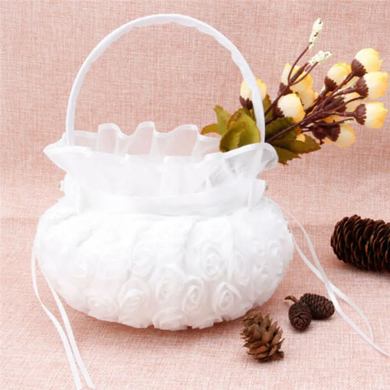 

Wedding Ceremony Party White Flower Basket Creative Romantic Decorative Love Case Satin Bowknot Rose Flower Girl Basket Decor