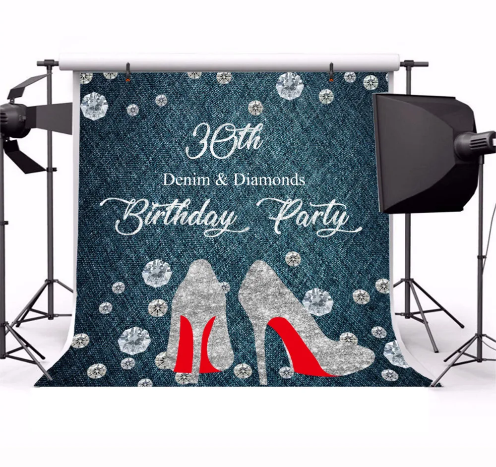 Laeacco Princess Backdrops Women High Heels Happy 30th Birthday Demin Diamond Banner Photo Backgrounds Photocall Photo Studio