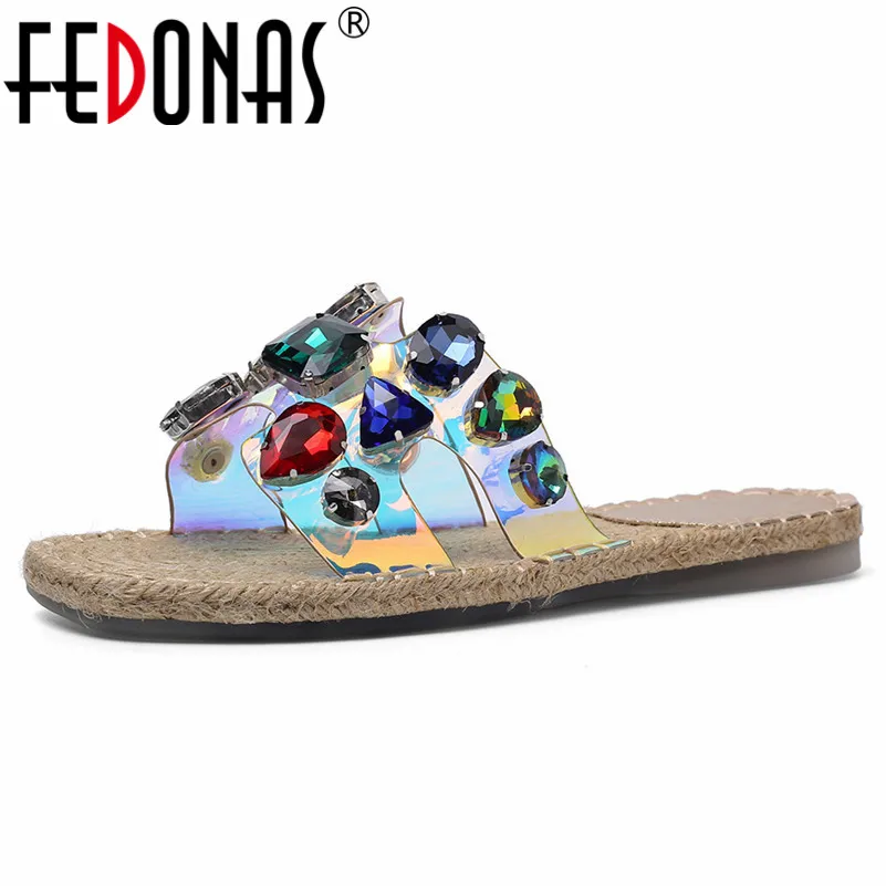 

FEDONAS Classic Round Toe Slip On Shallow Women Sandals 2019 Summer Pu Leather High Heels Crystal Decoration Casual Shoes Woman