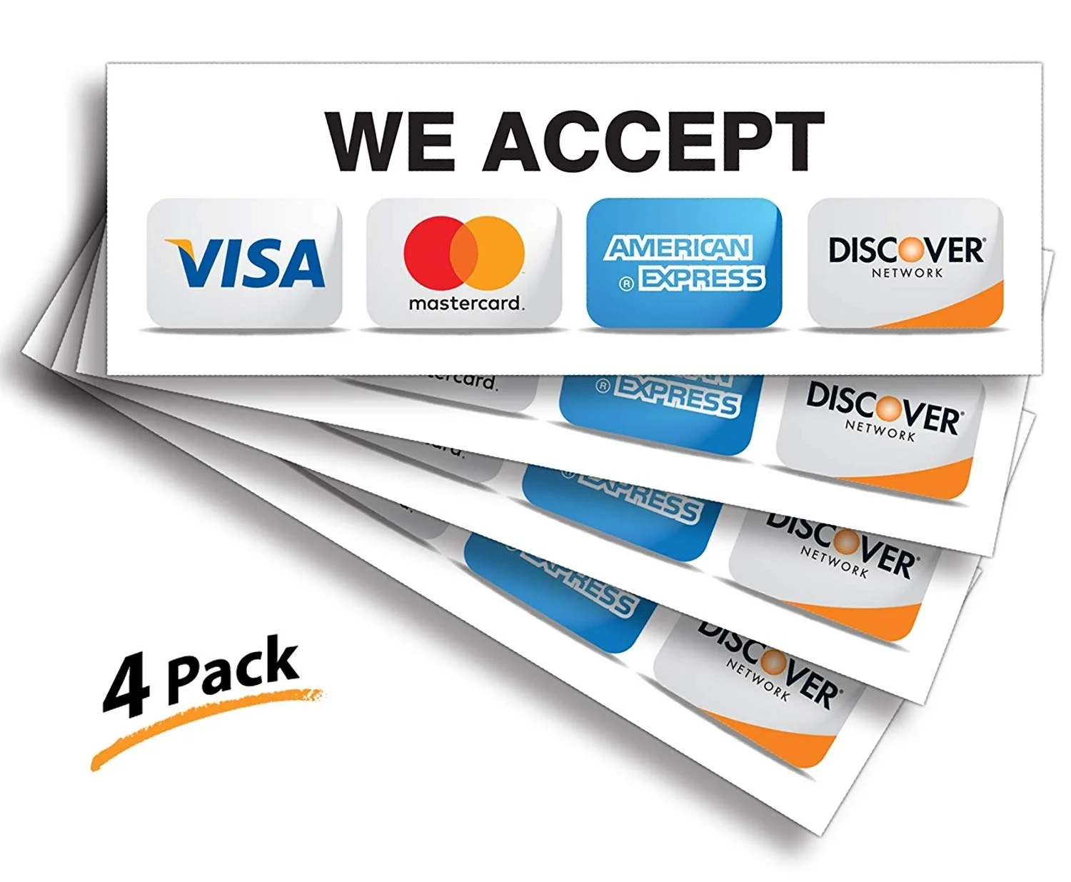 

4xCredit Card Sticker Signs Stickers in We Accept Visa, MasterCard, Amex & Discover, Premium Laminated, UV, Weather, Scratch