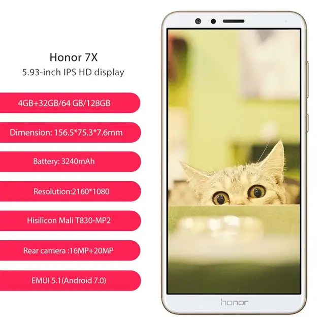 Global ROM Huawei Honor 7X mobile Phone 8MP+16MP Dual Rear Cameras 3340mAh 5.93 inch  2160*1080P Full View Screen Fingerprint