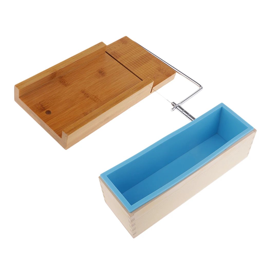 Wooden Soap Loaf Cutter Mold Set, 1 Pcs Rectangle Silicone Mold (1.2KG) with Wood Box + 1Pcs Soap Cutter with Wire Slicer