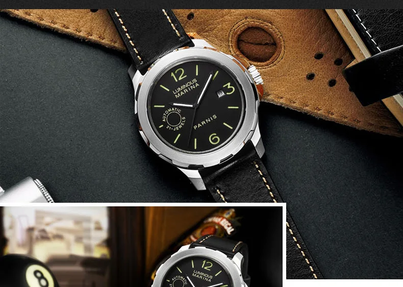 Новое поступление Parnis 44 м Мужские часы механические часы светящиеся водонепроницаемые черные часы мужские подарок