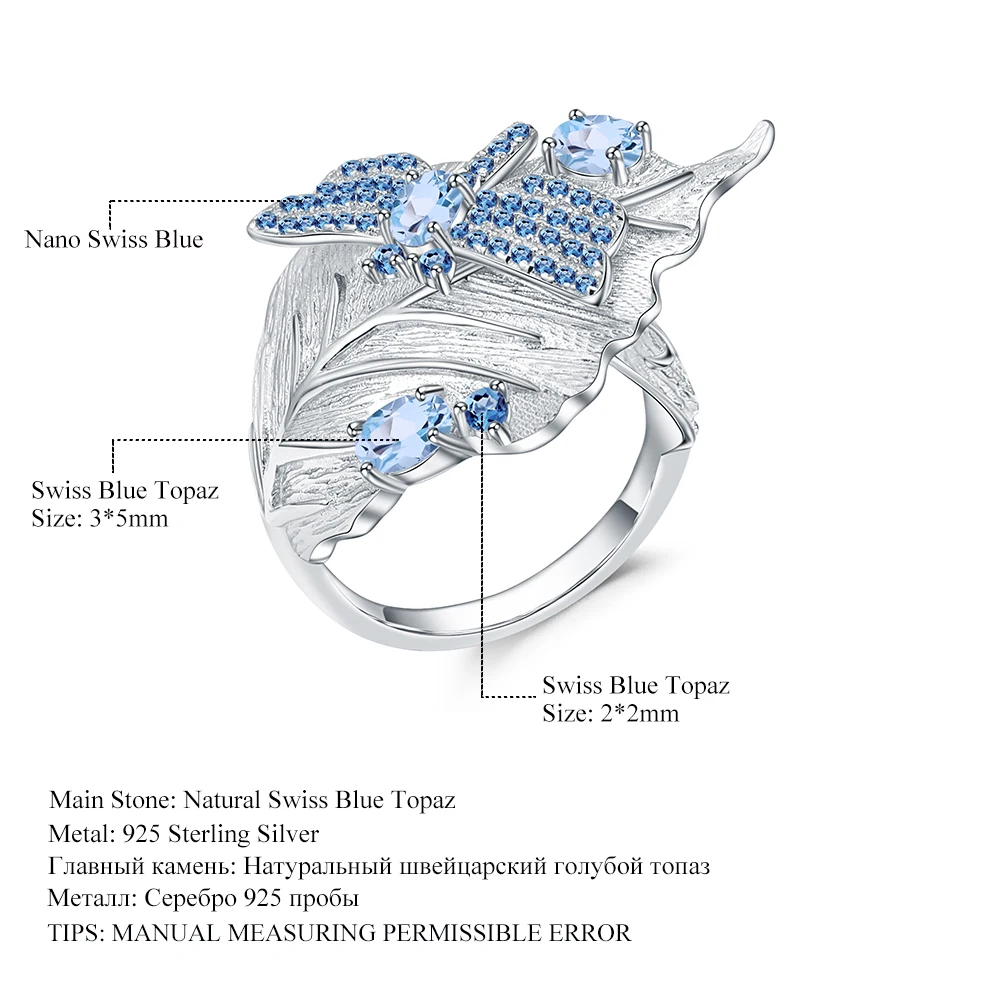 GEM'S балетное 925 пробы Серебряное кольцо ручной работы в виде листьев стрекозы 0.78Ct натуральный Швейцарский Голубой Топаз кольца ювелирные изделия для женщин Bijoux