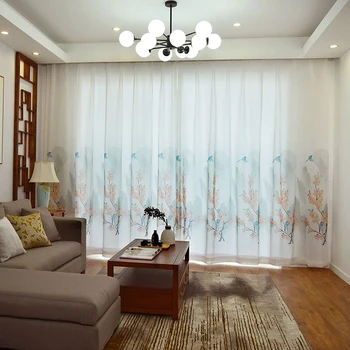 

American Style Hand-painted Wintersweet Tulle Curtians for Living Room Simple Blue Bird Sheer Window Curtains for Bedroom Drapes