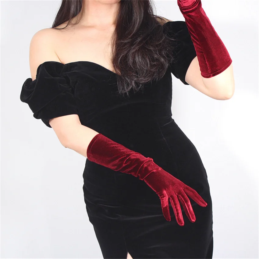 Женские бархатные перчатки 60 см длинные винно-красные выше локтя женские высокие эластичные бархатные золотые бархатные перчатки с сенсорным экраном JHSR60