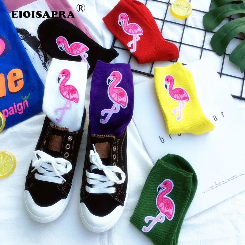 

[EIOISAPRA]Cartoon Printing Candy Color Striped Art Flamingos Women Funny Socks Spring Autumn Pure Color Heap Heap Socks Women