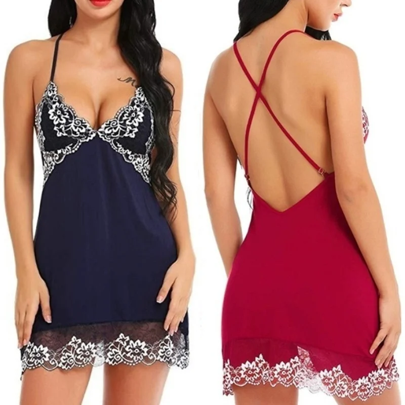 

Women Lace Lingerie Sleepwear Chemises V-Neck Full Slip Nightgown Dress