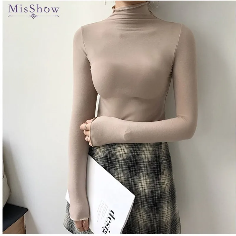 

MisShow New 5 Colors Solid Cotton Women Shirt Elegant Casual Long Sleeve Turtleneck Blouse Roupa Feminina