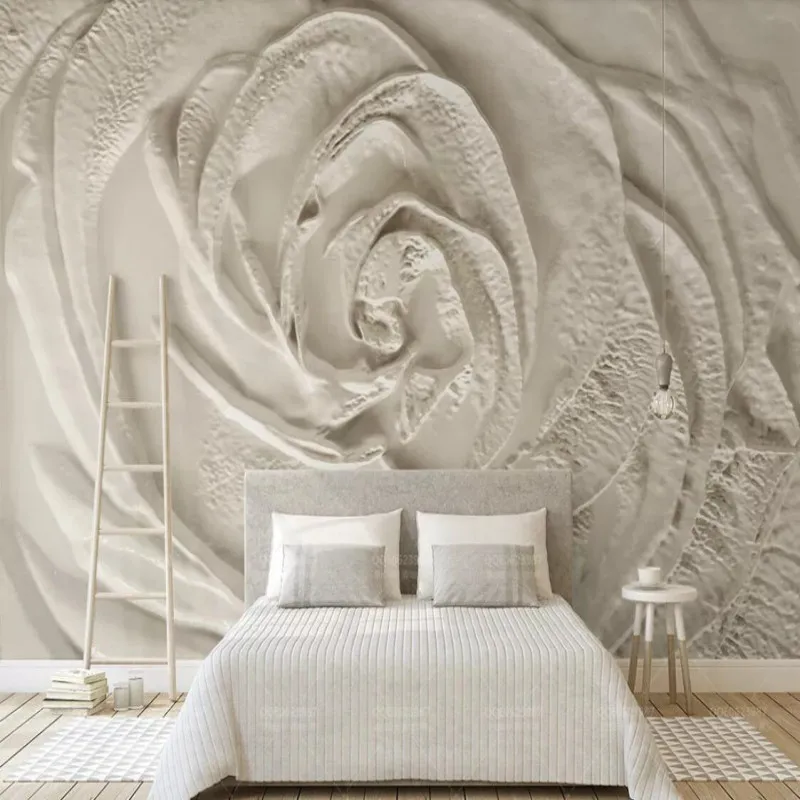 

Beige three-dimensional rose flower embossed simple TV background wall